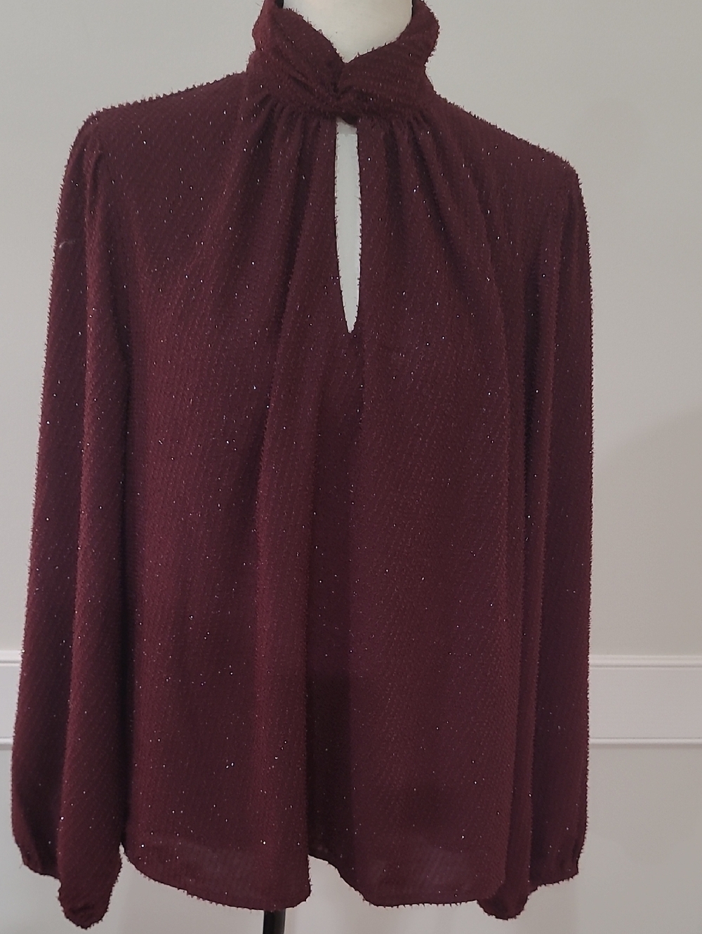 Nine West Women's Plum Sparkle Twisted-Neck Long Sleeve Blouse - Size L